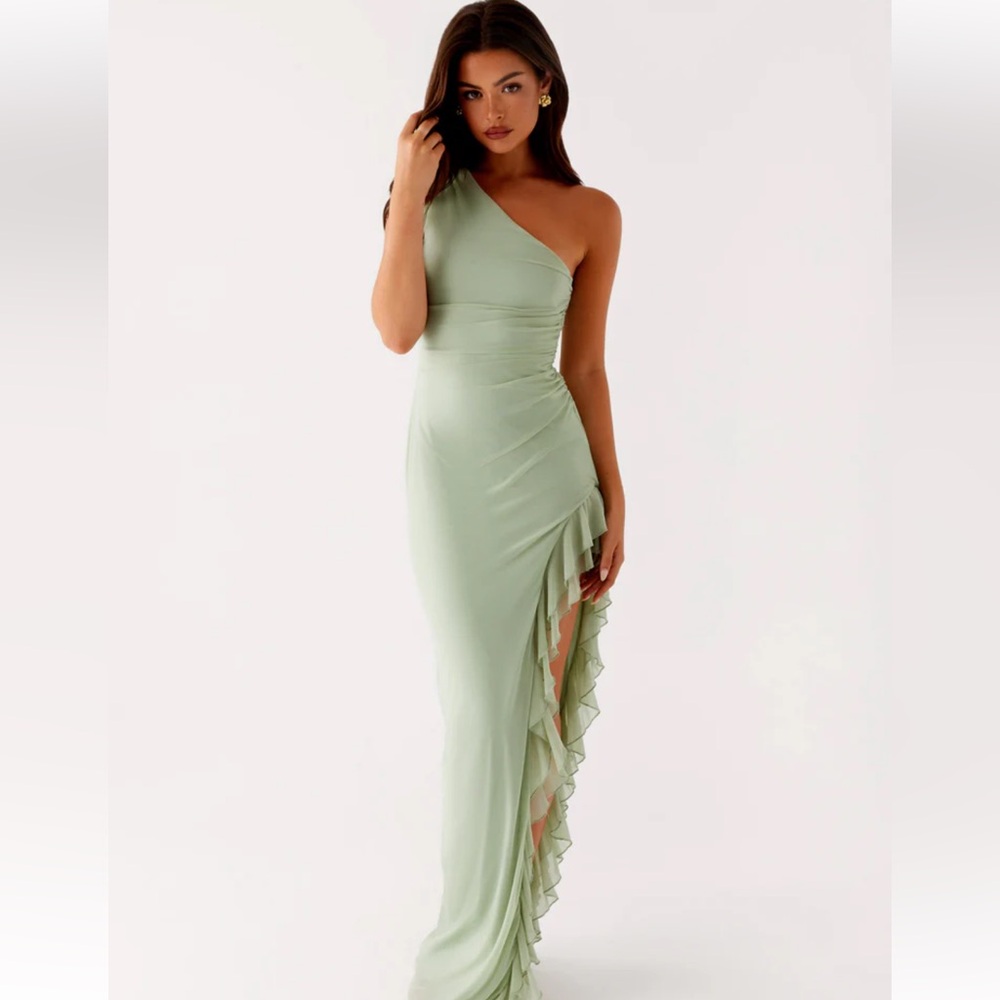 Peppermayo Clarence maxi dress- sage green with Y2K ruffle slit